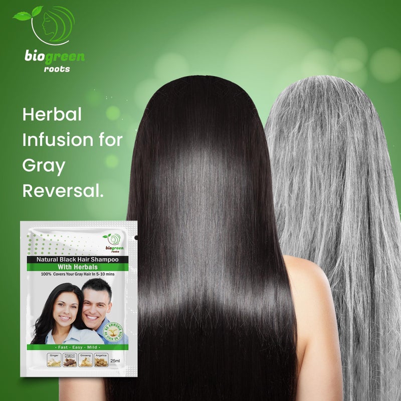 BIOGREEN ROOTS Ammonia-Free & Paraben Free Herbal Hair Shampoo - Hair Dye Shampoo for Women & Men - Natural Color and Herbal Nourishment - No Stain on Skin - Natural Black (10 sachets x 25 ml) - Image 3